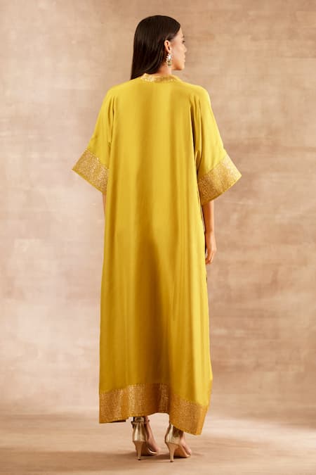 Shop Jayanti Reddy Yellow Twill V Neck Banaras Border Kaftan at Aza Fashions Shop_Jayanti Reddy_Yellow Twill V Neck Banaras Border Kaftan _at_Aza_Fashions