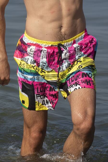Shop_Goya Swim CO_Pink Polyester Handpainted Printed Swim Shorts _at_Aza_Fashions