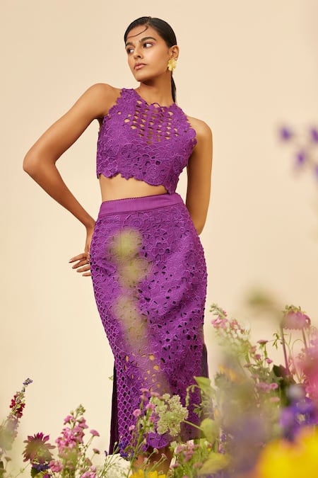 Shop Chandrima Purple Chanderi Embroidery Flower Cut Work Skirt at Aza Fashions Shop_Chandrima_Purple Chanderi Embroidery Flower Cut Work Skirt _at_Aza_Fashions