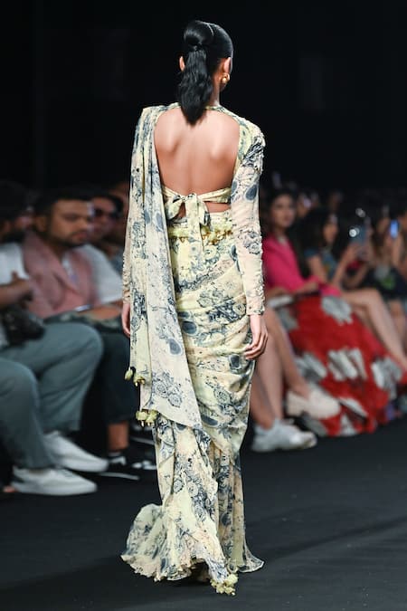 Shop Bhumika Sharma Green Georgette Embroidery Round Neck Blossom Print Pre-draped Saree Set at Aza Fashions Shop_Bhumika Sharma_Green Georgette Embroidery Round Neck Blossom Print Pre-draped Saree Set _at_Aza_Fashions