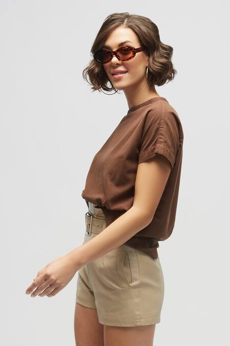 Shop_Terra Luna_Brown 100% Organic Handloom Cotton Round Neck Raglan T-shirt_at_Aza_Fashions