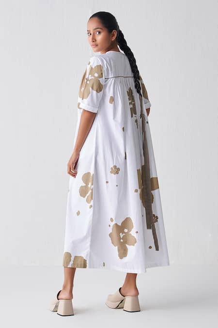 Shop Three White Poplin Embroidery Round Neck Gathered Printed Dress at Aza Fashions Shop_Three_White Poplin Embroidery Round Neck Gathered Printed Dress _at_Aza_Fashions