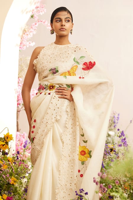 Shop Chandrima Ivory Organza Beads, Embroidery Butterfly And Flower Saree at Aza Fashions Shop_Chandrima_Ivory Organza Beads, Embroidery Butterfly And Flower Saree _at_Aza_Fashions