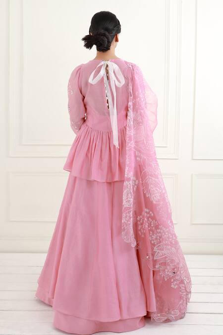 Shop EK Soot Pink Chanderi, Organza Embroidery Round Neck Layered Lehenga Set at Aza Fashions Shop_EK Soot_Pink Chanderi, Organza Embroidery Round Neck Layered Lehenga Set_at_Aza_Fashions