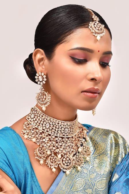 Zevar By Geeta Crecent Moon & Floral Cut Work Jewellery Set 
