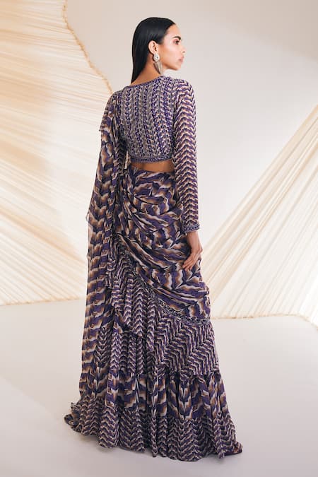 Shop_Divya Aggarwal_Purple Georgette, Chiffon Rosario Pre-draped Swirl Print Saree With Blouse _at_Aza_Fashions