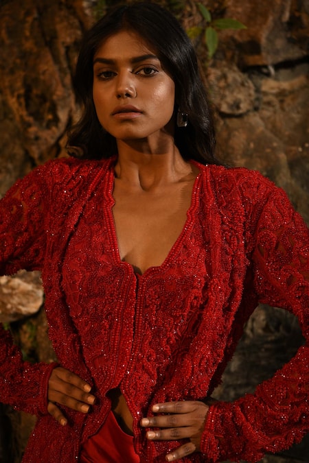 Shop House of Exotique Red Net, Silk Satin Beads, Embroidery V-neck Floral Jacket And Draped Skirt Set at Aza Fashions Shop_House of Exotique_Red Net, Silk Satin Beads, Embroidery V-neck Floral Jacket And Draped Skirt Set _at_Aza_Fashions