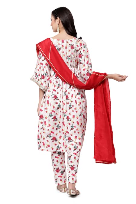 Shop Shetab Kazmi White Modal Satin Floral, Gota Patti Round Neck Bell Sleeve Print Kurta Set at Aza Fashions Shop_Shetab Kazmi_White Modal Satin Floral, Gota Patti Round Neck Bell Sleeve Print Kurta Set _at_Aza_Fashions