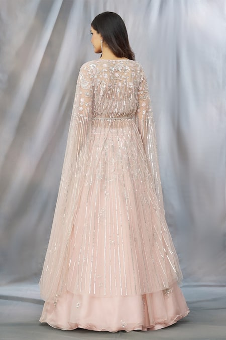 Shop Shlok Design Pink Organza Embroidered Sequin Round Cape And Lehenga Set at Aza Fashions Shop_Shlok Design_Pink Organza Embroidered Sequin Round Cape And Lehenga Set_at_Aza_Fashions
