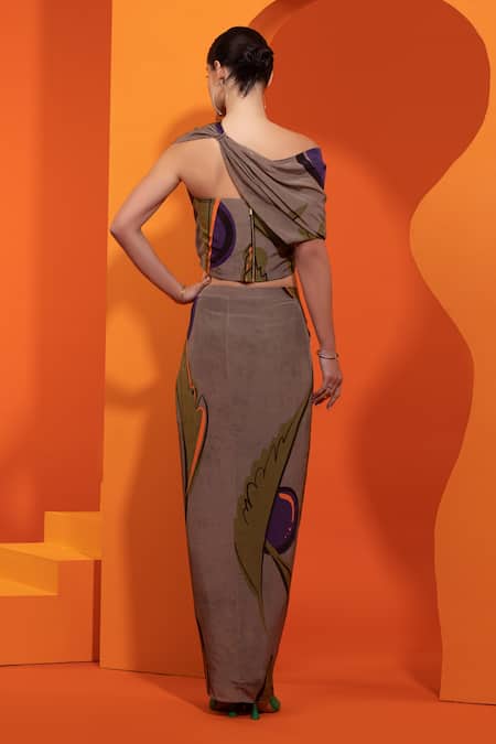 Shop_Nautanky_Purple Crepe, Chiffon Asymmetric Abstract Geometric Print Draped Top And Skirt Set _at_Aza_Fashions