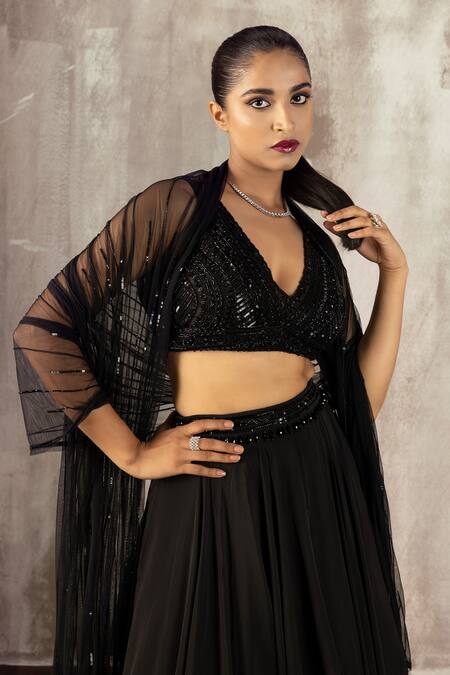Shop Jigar Mali Black Net, Chiffon, Linen Sequins, Cut Work, Layered Lehenga Set With Dupatta at Aza Fashions Shop_Jigar Mali_Black Net, Chiffon, Linen Sequins, Cut Work, Layered Lehenga Set With Dupatta_at_Aza_Fashions