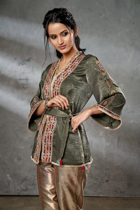Shop Aditi Somani Green Silk Suede Geometric Hand Embroidered Kimono Jacket at Aza Fashions Shop_Aditi Somani_Green Silk Suede Geometric Hand Embroidered Kimono Jacket _at_Aza_Fashions