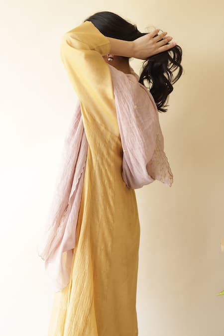 Shop_Rhua_Yellow Chanderi, , Satin, Silk Embroidery Adiba Mukaish Kurta Set _at_Aza_Fashions