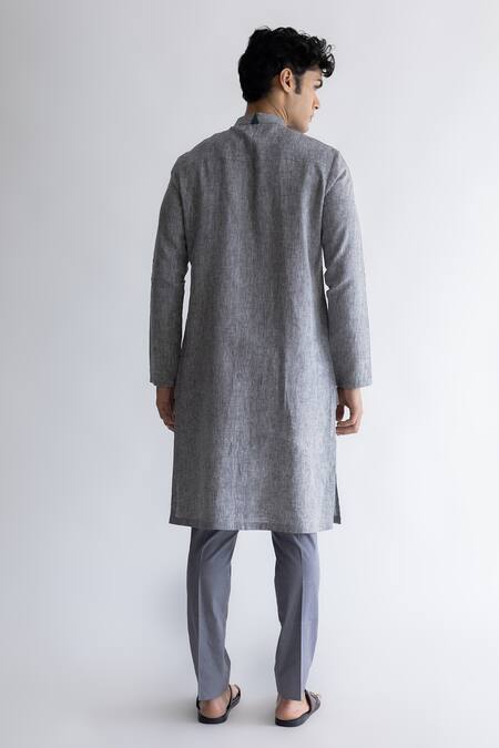 Shop_Kaha_Grey Linen Triangle Cutout Lagomg Kurta With Pant_at_Aza_Fashions