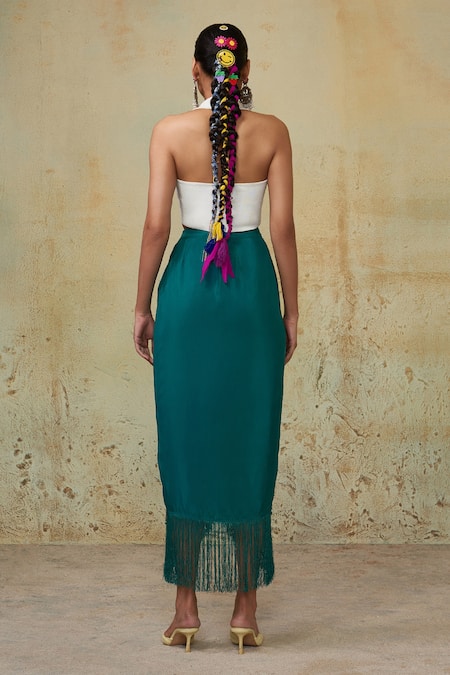 Shop Style Junkiie Green Crepe Beads, Fringe Asymmetric Wrap Skirt at Aza Fashions Shop_Style Junkiie_Green Crepe Beads, Fringe Asymmetric Wrap Skirt _at_Aza_Fashions