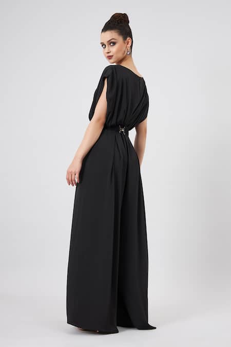Shop_Aakaar_Black Silk Beads, Crystals Boat Neck Sara Round Jumpsuit With Belt _at_Aza_Fashions
