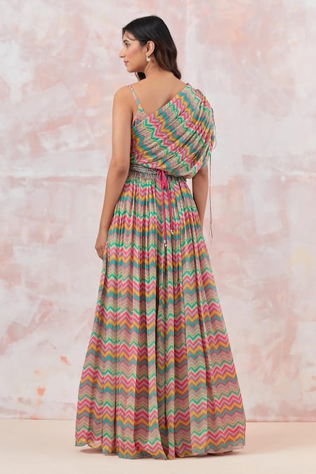 Shop_Basanti - Kapde Aur Koffee_Pink Cotton Tassels Asymmetric Printed Draped Gown With Belt _at_Aza_Fashions