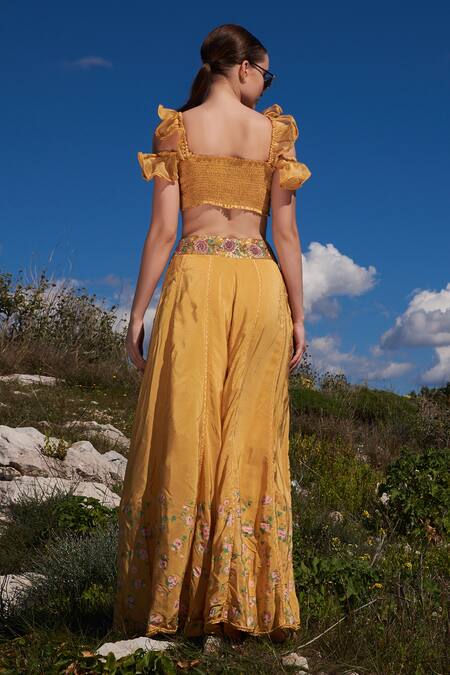 Shop Shruti Sancheti Yellow Crepe, Organza Embroidery, Sequins Racerback Hand Skirt Set at Aza Fashions Shop_Shruti Sancheti_Yellow Crepe, Organza Embroidery, Sequins Racerback Hand Skirt Set _at_Aza_Fashions