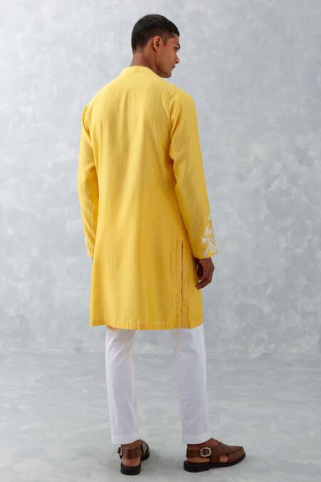 Shop_Devnaagri_Yellow Chanderi, Cotton Embroidery Placement Kurta With Pant _at_Aza_Fashions