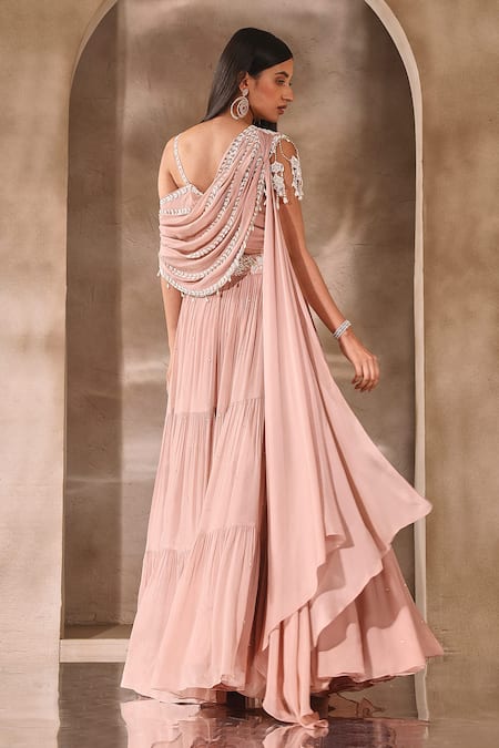 Shop Seema Thukral Pink Chiffon, Satin Tassels, Pearls, Beads Tiered Lehenga And Draped Blouse Set at Aza Fashions Shop_Seema Thukral_Pink Chiffon, Satin Tassels, Pearls, Beads Tiered Lehenga And Draped Blouse Set _at_Aza_Fashions