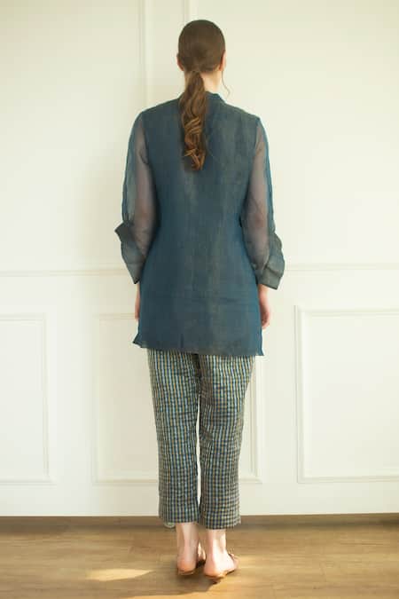 Shop Oja Blue Handloom Silk Applique Band Collar Short Embroidered Tunic And Pant Set at Aza Fashions Shop_Oja_Blue Handloom Silk Applique Band Collar Short Embroidered Tunic And Pant Set _at_Aza_Fashions