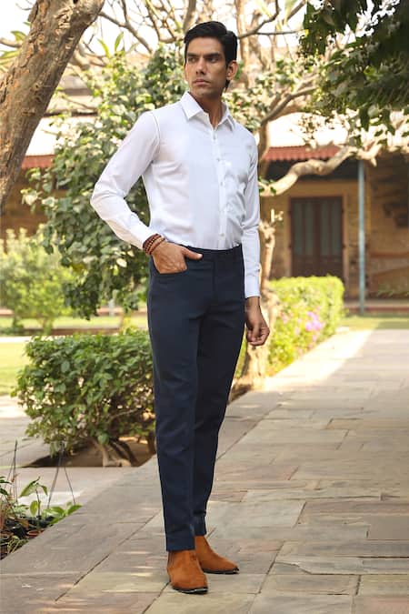 Shop_Raw & Rustic By Niti Bothra_Blue Cotton Buttoned Hem Handcrafted Jeans _at_Aza_Fashions