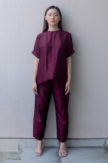 Shop Kavya Singh Kundu Maroon Silk Round Neck Bond Two-tone Pant Set at Aza Fashions Shop_Kavya Singh Kundu_Maroon Silk Round Neck Bond Two-tone Pant Set _at_Aza_Fashions