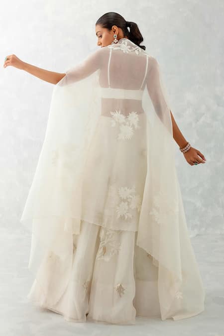 Devnaagri_Ivory Gabardine, Organza, Embroidery Floral Cape And Lehenga Set _Online_at_Aza_Fashions