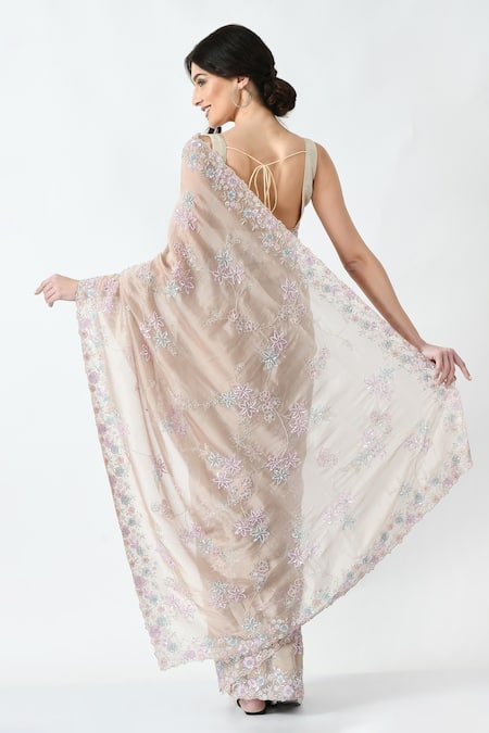 Shop Mehar Beige Organza Sequins, Cut Work Floral Hand Embroidered Saree at Aza Fashions Shop_Mehar_Beige Organza Sequins, Cut Work Floral Hand Embroidered Saree _at_Aza_Fashions