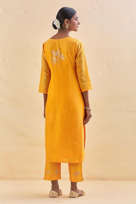 Shop Kamaltaas Yellow Chanderi Silk, Lining Mulmul Gota, Floral Embroidered Kurta And Pant Set at Aza Fashions Shop_Kamaltaas_Yellow Chanderi Silk, Lining Mulmul Gota, Floral Embroidered Kurta And Pant Set _at_Aza_Fashions