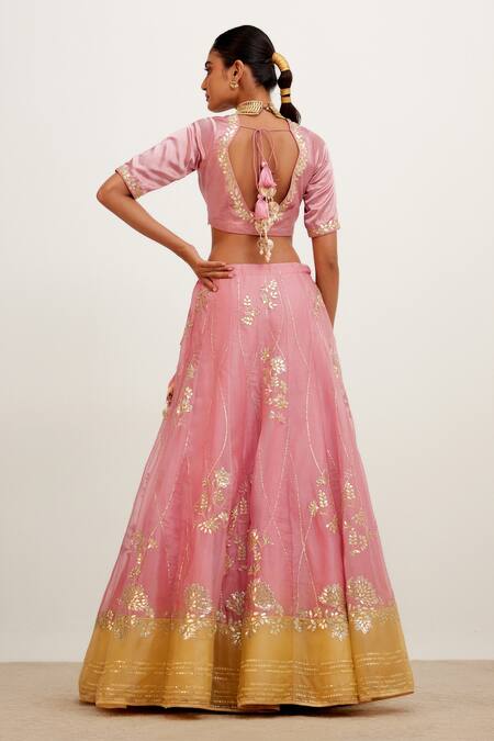 Shop Devnaagri Pink Organza And Gajji Silk Floral Plunge V Gota Patti Work Bridal Lehenga Set at Aza Fashions Shop_Devnaagri_Pink Organza And Gajji Silk Floral Plunge V Gota Patti Work Bridal Lehenga Set_at_Aza_Fashions