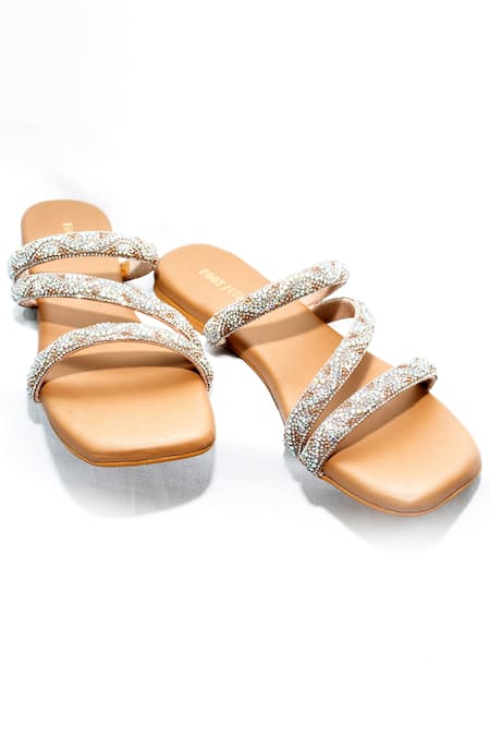 Shop Foot Fuel Gold Vork Embellished Strappy Flats at Aza Fashions Shop_Foot Fuel_Gold Vork Embellished Strappy Flats _at_Aza_Fashions