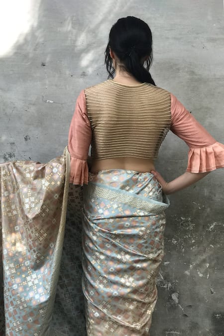 Shop_I Am Design_Peach Raw Silk Floral And Kantha Embroidery Round Crop Top _at_Aza_Fashions