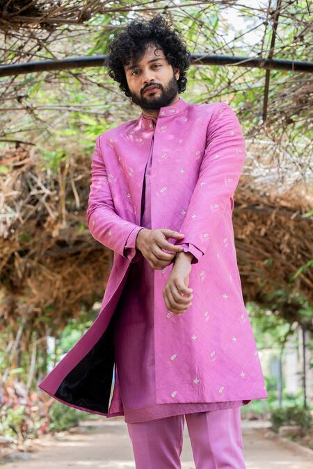 Hilo Design Checkered Embroidered Sherwani Set 