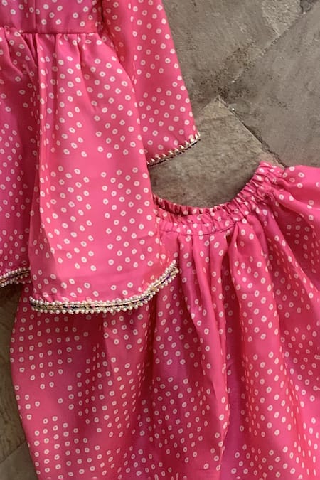 Shop The Plum Bum Pink Georgette, Satin Pearls Bandhani Print Peplum Kurta And Dhoti Pant Set at Aza Fashions Shop_The Plum Bum_Pink Georgette, Satin Pearls Bandhani Print Peplum Kurta And Dhoti Pant Set _at_Aza_Fashions