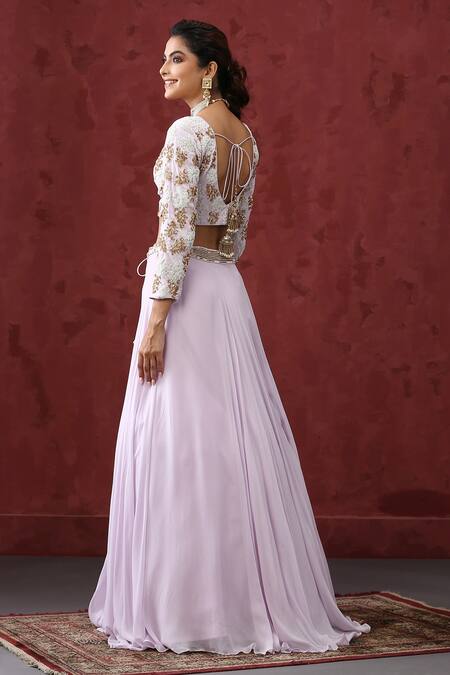 Shop_Minaki_Purple Organza, Crepe, Georgette Embroidery, Pearls, Waistband Lehenga Set _at_Aza_Fashions