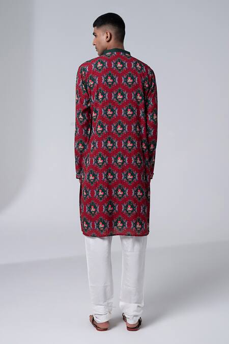 Shop Siddhartha Bansal Maroon Cotton Dobby Stripe Embroidery Royal Chintz Pattern Kurta Set at Aza Fashions Shop_Siddhartha Bansal_Maroon Cotton Dobby Stripe Embroidery Royal Chintz Pattern Kurta Set _at_Aza_Fashions