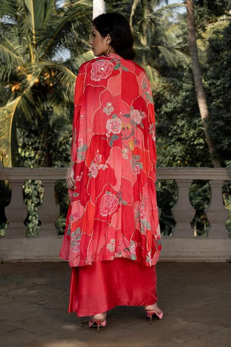 Shop_Paulmi And Harsh_Red Crepe, Satin Embroidery, Romantic Floral Print Jacket And Draped Skirt Set _at_Aza_Fashions