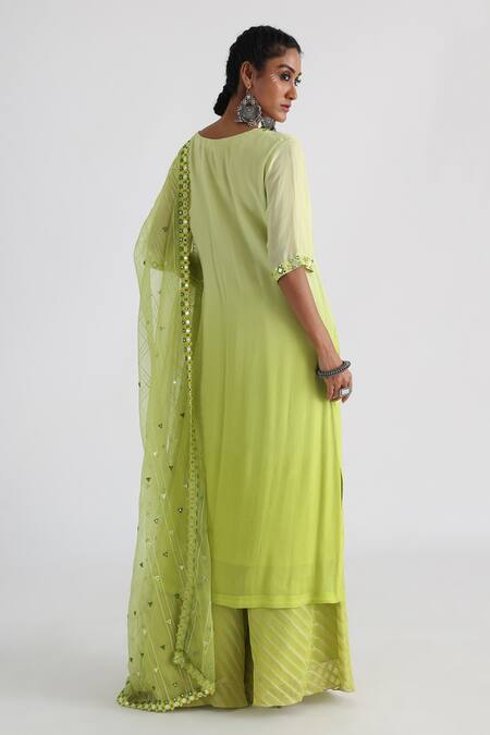Shop Smriti By Anju Agarwal Green Chiffon, Taffeta, Viscose, Organza Mirrors, Farah Ombre Kurta Sharara Set at Aza Fashions Shop_Smriti By Anju Agarwal_Green Chiffon, Taffeta, Viscose, Organza Mirrors, Farah Ombre Kurta Sharara Set _at_Aza_Fashions