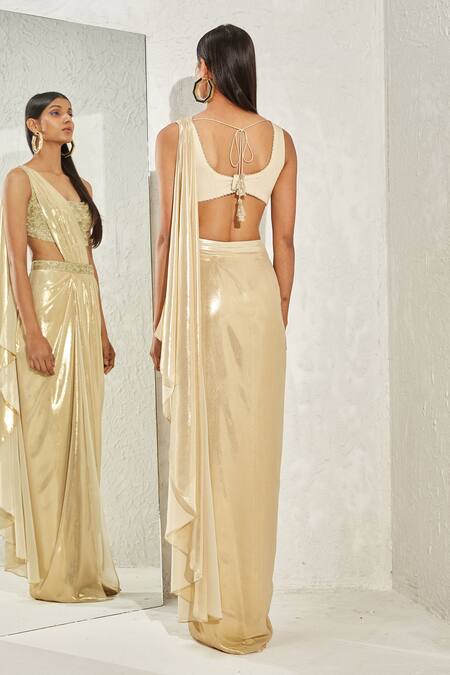 Shop Namrata Joshipura Gold Shimmer Foil Crepe Metallic Pleated Pre-draped Saree at Aza Fashions Shop_Namrata Joshipura_Gold Shimmer Foil Crepe Metallic Pleated Pre-draped Saree_at_Aza_Fashions