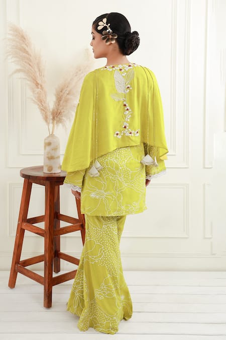 Shop_EK Soot_Green Silk Print And Applique Work Cape Kurta & Flared Pant Set  _at_Aza_Fashions
