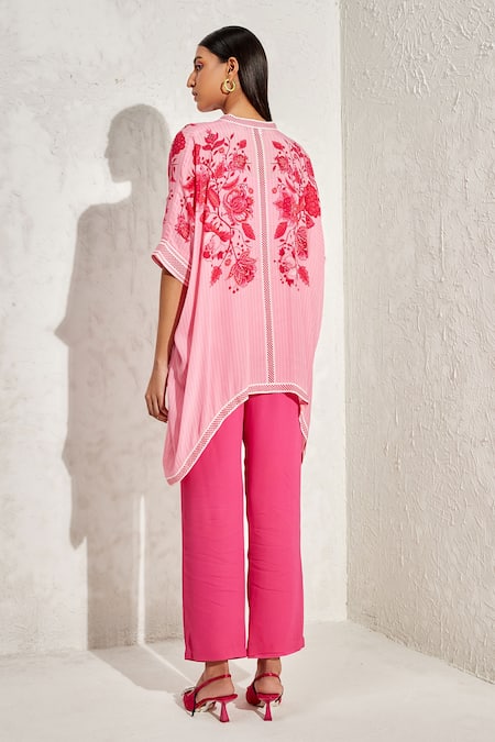 Shop Namrata Joshipura Pink Crepe Hand Embellished Beads V Collar Eden Handkerchief Hem Tunic at Aza Fashions Shop_Namrata Joshipura_Pink Crepe Hand Embellished Beads V Collar Eden Handkerchief Hem Tunic_at_Aza_Fashions