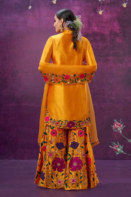 Shop Label Niti Bothra Yellow Kora Silk Mughal Round Floral Applique Kurta Sharara Set at Aza Fashions Shop_Label Niti Bothra_Yellow Kora Silk Mughal Round Floral Applique Kurta Sharara Set _at_Aza_Fashions