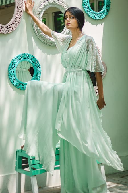 Shop PIRI INDIA Green Georgette Beads, Sequins, Pearls Hand Embroidered Cape Palazzo Set at Aza Fashions Shop_PIRI INDIA_Green Georgette Beads, Sequins, Pearls Hand Embroidered Cape Palazzo Set _at_Aza_Fashions