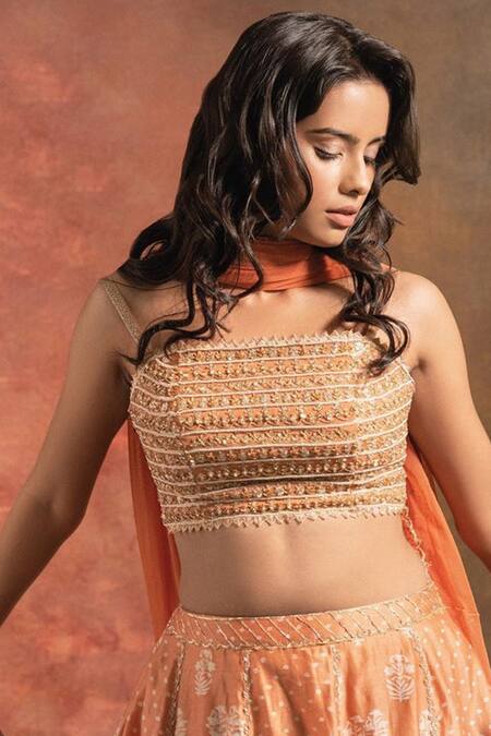 Buy Pleats By Kaksha And Dimple Orange Chanderi Square Neck Bandhani Lehenga Set Online at Aza Fashions Buy_Pleats By Kaksha And Dimple_Orange Chanderi Square Neck Bandhani Lehenga Set_Online_at_Aza_Fashions