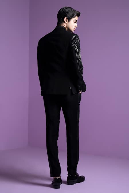 Shop_Contrast By Parth_Black Silk, Cotton Embroidery Ray Tuxedo Trouser Set _at_Aza_Fashions