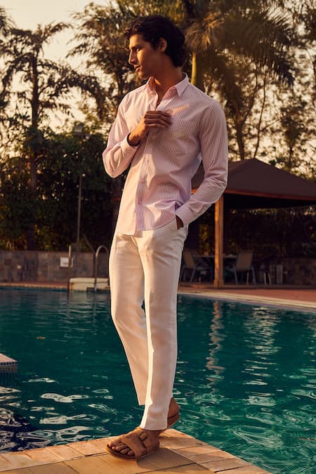 Shop Philocaly Pink Cotton Embroidery Steeplechase Pinstripe Shirt at Aza Fashions Shop_Philocaly_Pink Cotton Embroidery Steeplechase Pinstripe Shirt_at_Aza_Fashions