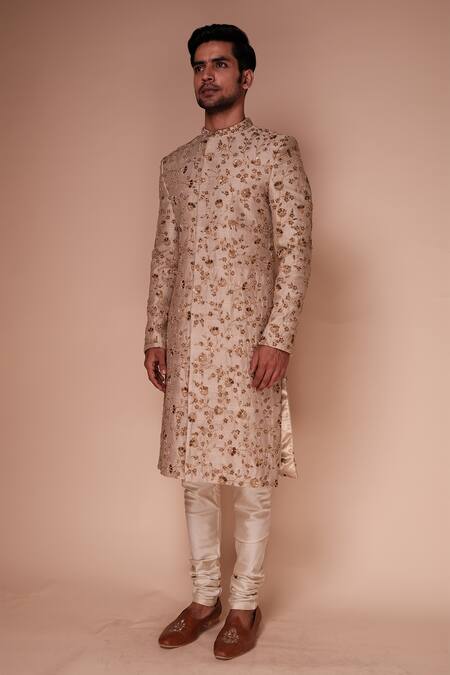 Shop Tisa - Men Beige Kurta And Churidar Cotton Blend , Sherwani Raw Zari Pattern Set at Aza Fashions Shop_Tisa - Men_Beige Kurta And Churidar Cotton Blend , Sherwani Raw Zari Pattern Set_at_Aza_Fashions