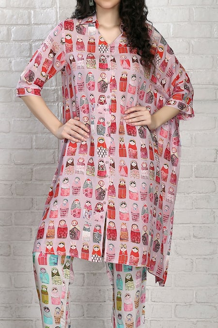 Shop Whimsical By Shica Multi Color Cotton, Silk Collared Printed Kaftan Shirt And Pant Set at Aza Fashions Shop_Whimsical By Shica_Multi Color Cotton, Silk Collared Printed Kaftan Shirt And Pant Set _at_Aza_Fashions