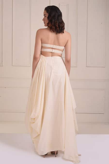 Shop_Shwetanga_Ivory Cotton Embroidery Square Neck Organic Cowl Draped Gown _at_Aza_Fashions